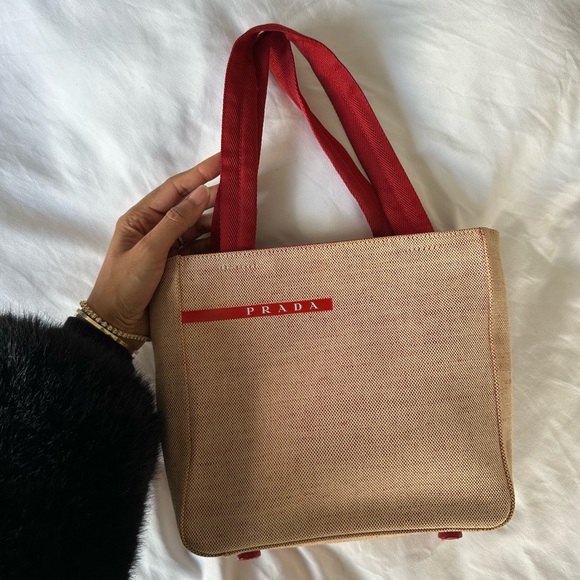 Authentic Prada Red & Beige Canvas Handbag - Picture 16 of 17